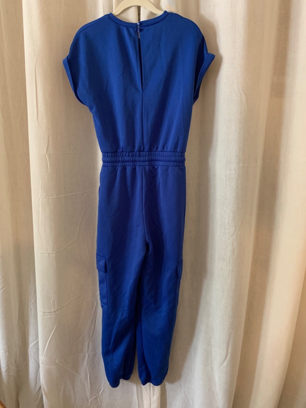 Royal Blue Utility Cargo Jumpsuit Women's M Stretch Knit Short Sleeve M - Picture 7 of 9